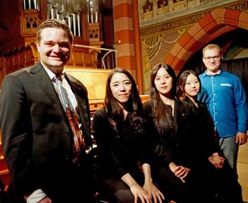 Finalists for the Tenth International Organ Competition Dudelange: Tyler Boehmer, Haru Shionoya, Songyeon Im, Chae Won Min and Filip Šmerda (photo credit: Vera Bintener)