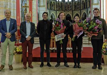 Jury and prizewinners of the 2026 International César Franck Competition: Marcel Verheggen, Ignace Michiels, Vincent Dubois, Aaron Triebler, Haru Shionoya, and Jakub Moneta