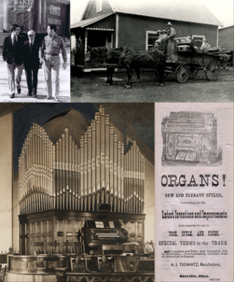Family: Bruce, John, and Paul (third generation), c. 1970; Horse-drawn wagon of pipes, c. 1916; Saint Paul Reformed Church, Butler, Pennsylvania, 1903; Ohio Beauty Reed organ advertisement, c. 1878