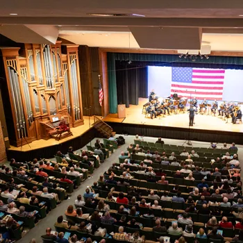 American Guild of Organists national convention event at Cox Auditorium, Principia College, Elsah, Illinois (photo courtesy Principia College)