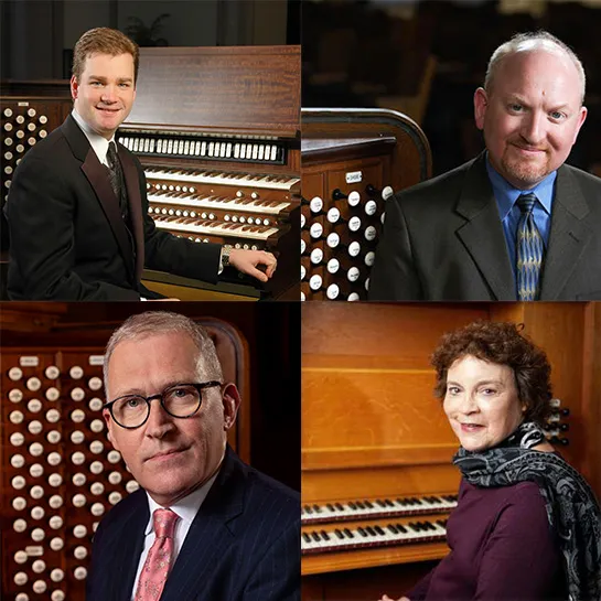 Yale Organ Academy faculty, clockwise from upper left: Ken Cowan, Martin Jean, Carole Terry, and James O’Donnell